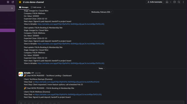 Real-time Slack notification triggered on deal stage change – instant team visibility.