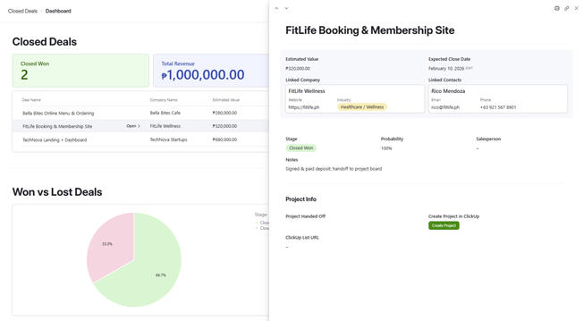 Airtable Kanban pipeline with linked Companies, Contacts, and Deals records – visual sales funnel tracking and relational data in action.